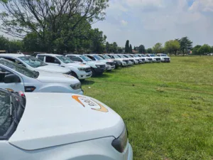 Line up of Dot Towing fleet of pick-up trucks on grass